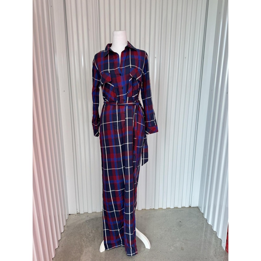 L'AGENCE Cameron Plaid Maxi Shirt Dress Women's Small Blue Belted Button Preppy